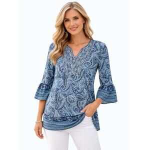 Ruby Rd Blue Paisley Embellished V-Neck Tunic Top Bell Sleeve NWT Small